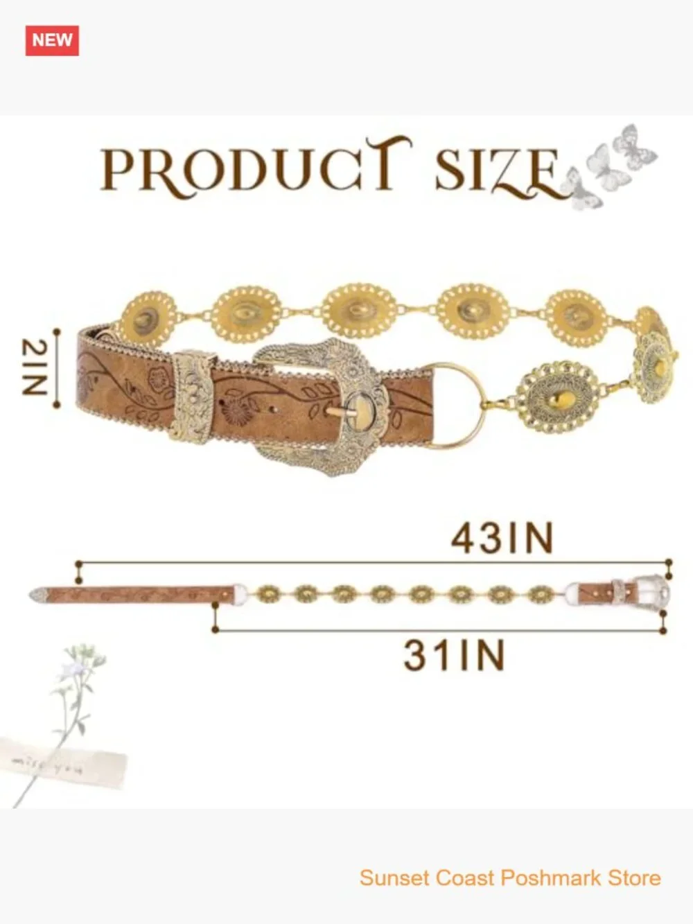 Concho West Embossed Leather Gold Tone Metal Concho Belt Boho Western Adjustable